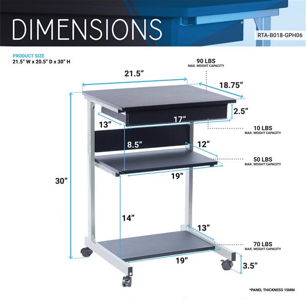 Rolling Laptop Cart with Storage, Graphite