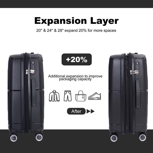 Expandable Hardshell Suitcase Double Spinner Wheels PP Luggage Sets Lightweight Durable Suitcase with TSA Lock,3-Piece Set (20/24/28) ,Black