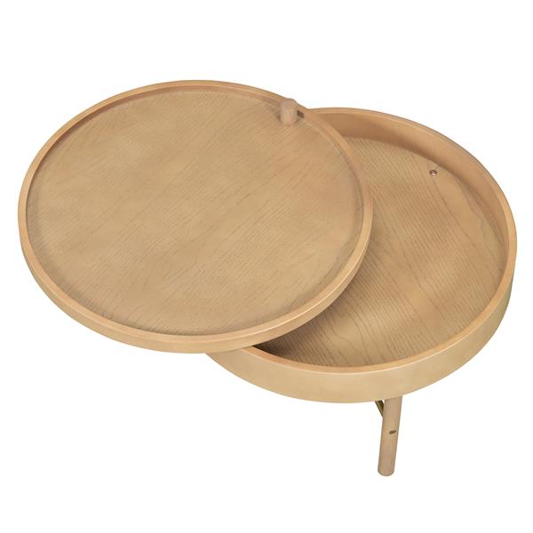 Modern Round Wood Rotating Tray Coffee Table with Storage & Metal Legs in Natural