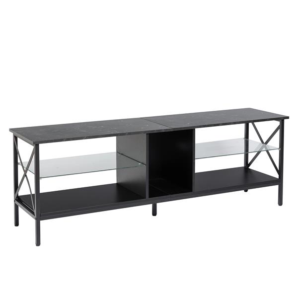 TV stand,Iron TV cabinet,entertainment center, TV set, media console, with LED lights, remote control,toughened glass stand,can be placed in the living room, bedroom, color:black with marble texture