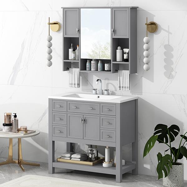 36'' Bathroom Vanity with Top Sink, Modern Mirror Cabinet with Towels Bar, Bathroom Storage Cabinet with 2 Soft Closing Doors and 6 Drawers, Single Sink Bathroom Vanity