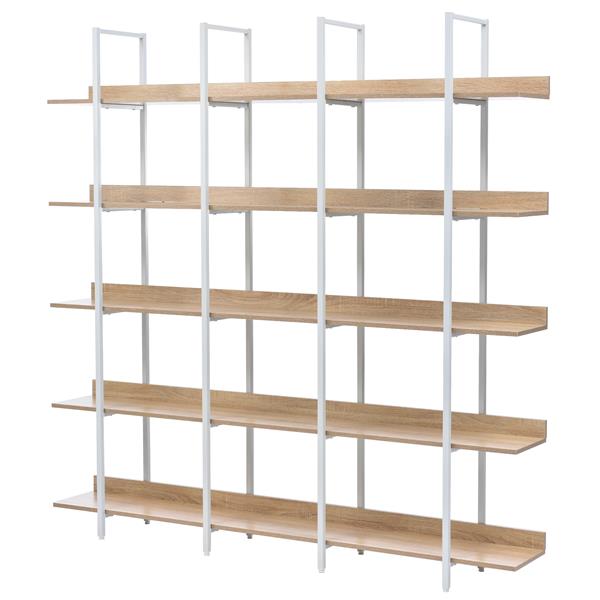 5 Tier Bookcase Home Office Open Bookshelf, Vintage Industrial Style Shelf, MDF Board, White Metal Frame, Oak