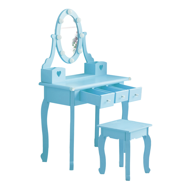 FCH Kids Vanity Set with Mirror and Lights and Stool, 5 Storage Drawers, Pretend Play Princess Makeup Desk Dressing Table and Stool Set for Little Girls Age 3+, Macaroon Blue