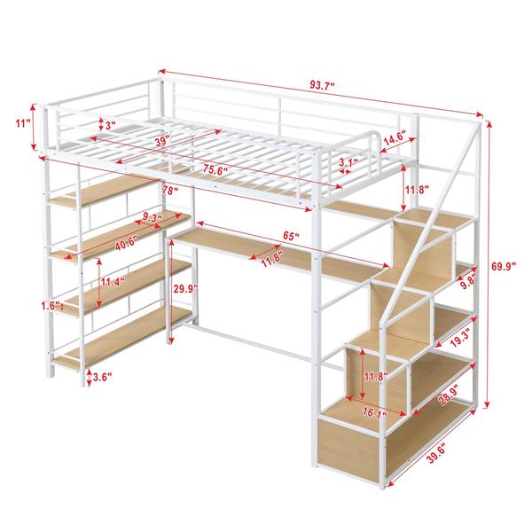 Twin Size Metal Loft bed with Staircase, Built-in Desk and Storage Shelves, White