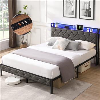 Queen Bed Frame with Storage Headboard, Charging Station and <b style=\\'color:red\\'>LED</b> Lights, Upholstered Platform Bed