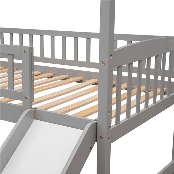 Twin Loft Bed with Slide, House Bed with Slide，Grey