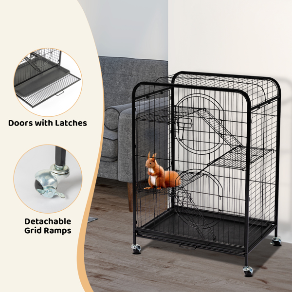 37" Metal Ferret Chinchilla Cage, Small Animals Hutch with Ramps and Feeders and Wheels, Rabbit Guinea Pig Rat Squirrel Kitten Playpen House, Black