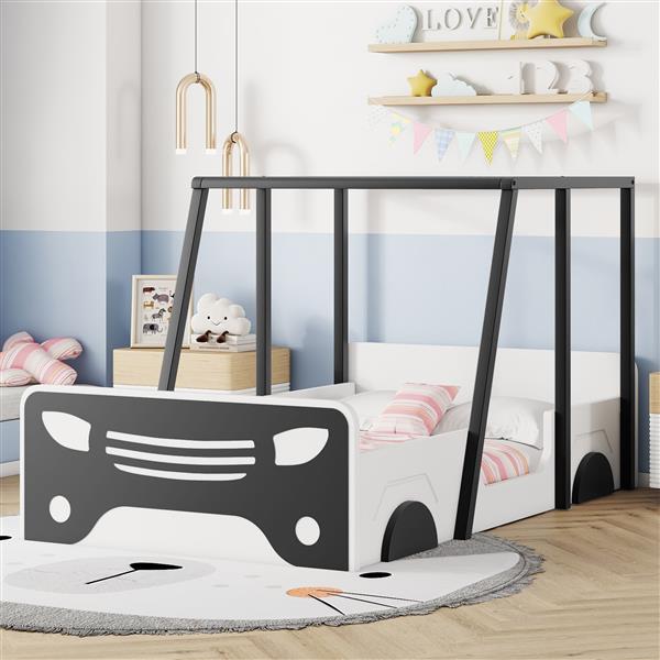 Twin Size Car-shaped Bed with Roof,Wooden Twin Floor Bed with wheels and door Design,Montessori Inspired Bedroom,Black