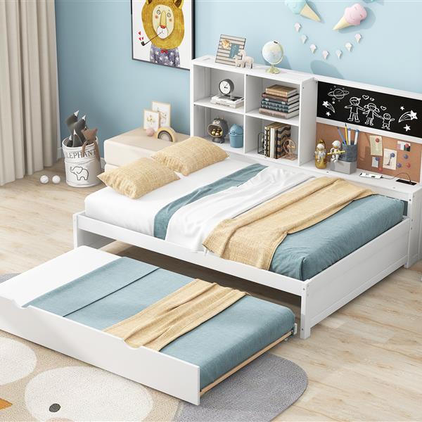 Full Size Daybed with Storage Shelves, Blackboard, Cork board, USB Ports and Twin Size Trundle, White