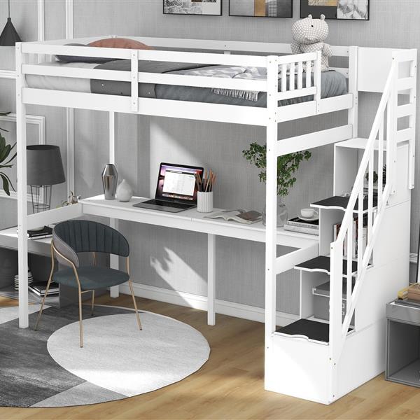 Twin Size Loft Bed with Storage Staircase and Built-in Desk, White