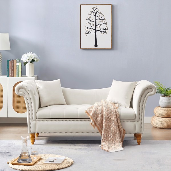 Velvet Sofa Stool with 2 Pillows in Beige, With Storage Space, Suitable for Living Room And Lounge