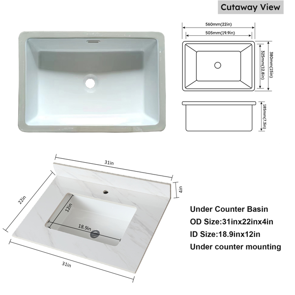 31 Inch Marble Vanity Top, White Vanity Top with Pre-drilled Faucet Holes, Bathroom Vanity Top with Undermount Rectangular Middle Sink and 4" Height Backsplash Single Hole