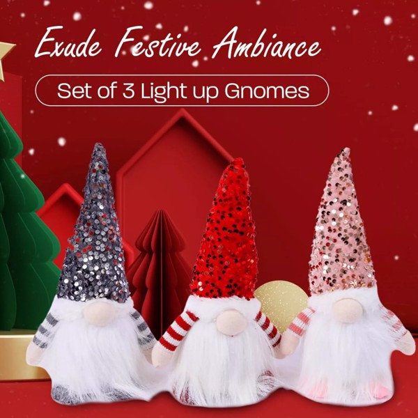 3pcs LED Lighted Christmas Gnome Handmade Santa Elf Figurine Faceless Doll Decor