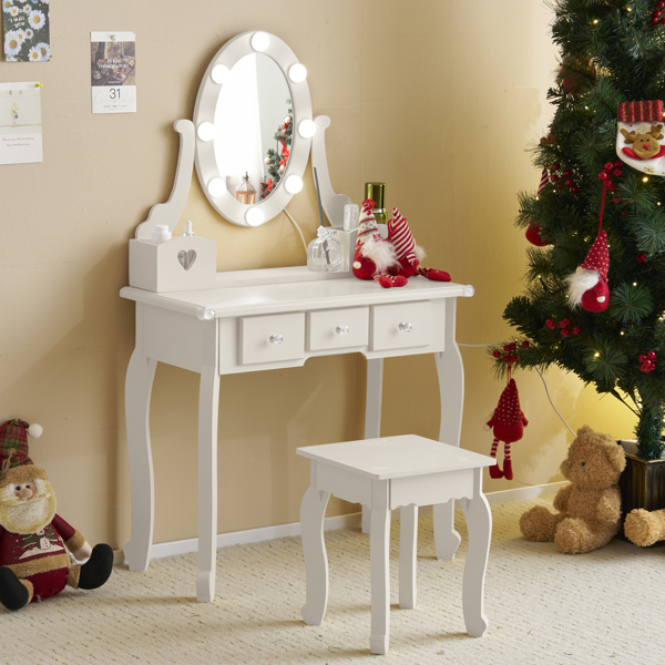 FCH Kids Vanity Set with Mirror and Lights and Stool, 5 Storage Drawers, Pretend Play Princess Makeup Desk Dressing Table and Stool Set for Little Girls Age 3+, Macaroon White