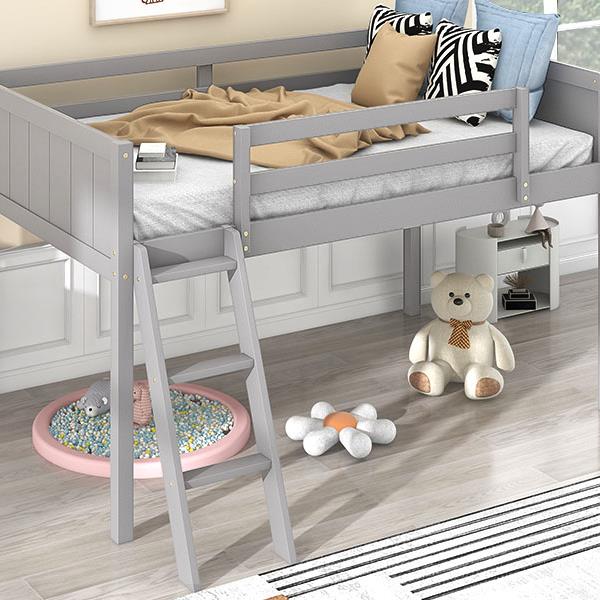 Twin Size Wood Low Loft Bed with Ladder, ladder can be placed on the left or right, Gray