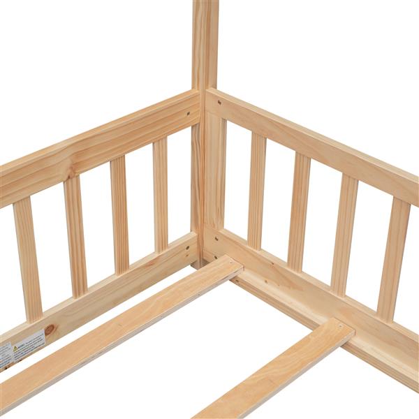 Twin House Bed with Guardrails, Slats ,Natural