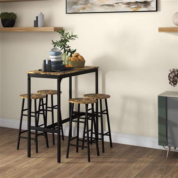 Bar Table Set for 4, Industrial High Top Table with Bar Stools, 5-Piece Small Kitchen Table and Chairs for Pub, Dining Room, Rustic Brown