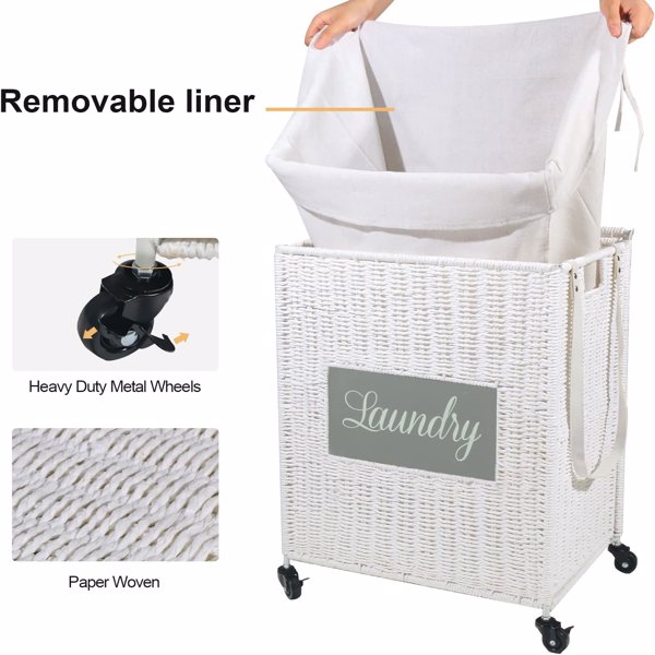 Laundry Hamper with Lid Laundry Basket with Handles Liner Bag Paper Woven Hampers for Laundry Clothes Storage Basket for Bedroom Bathroom (White)