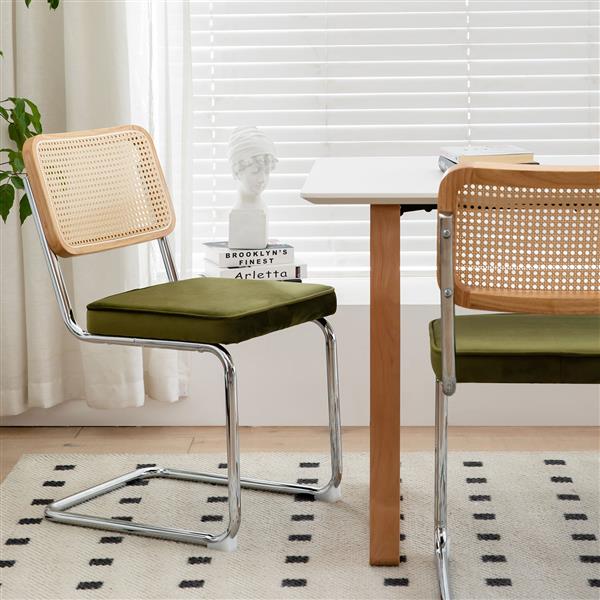 Dining Chairs Set of 2, Velvet Rattan Side Accent Chairs with Chrome Legs, Modern Mid CenturyDesigned Chairs, Upholstered Dining Living Room Kitchen Chairs (Olive Green-2pcs)