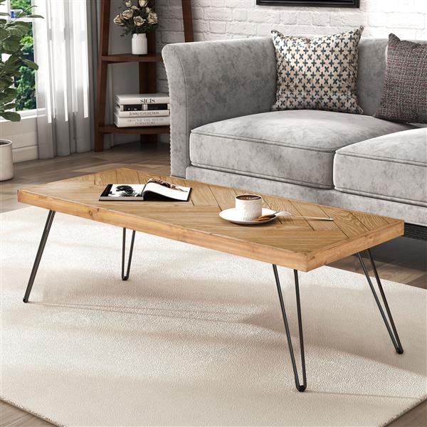 Modern Coffee Table, Easy Assembly Tea Table, Cocktail Table with w/Chevron Pattern & Metal Hairpin Legs for Living Room, Ash Wood Finished