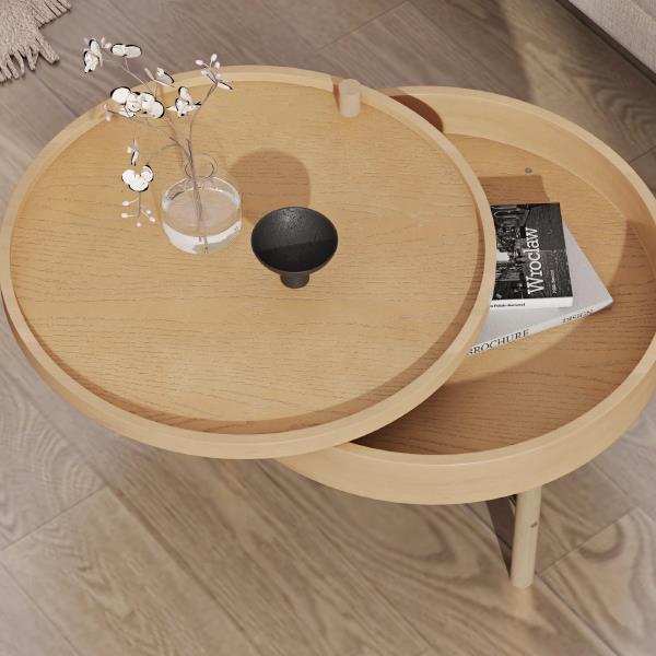 Modern Round Wood Rotating Tray Coffee Table with Storage & Metal Legs in Natural