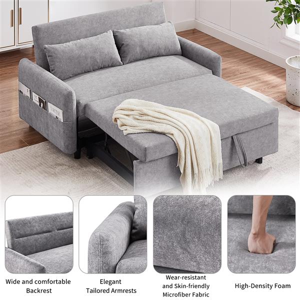 55.1" Pull Out Sleep Sofa Bed Loveseats Sofa Couch with Adjsutable Backrest, Storage Pockets, 2 Soft Pillows, USB Ports for Living Room, Bedroom, Apartment, Office,Grey