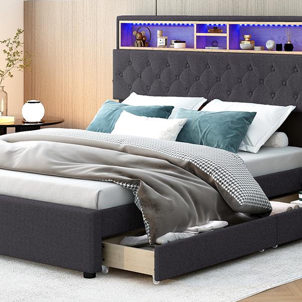 Full Size Upholstered Platform Bed with Storage Headboard, LED, USB Charging and 2 Drawers, Dark Gray