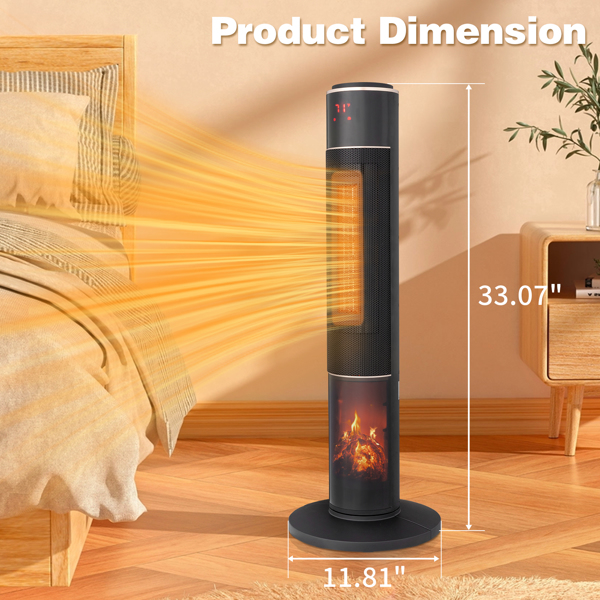 ZOKOP 33" Tower Space Heater with 3D Flame, 1500W Portable Electric Heater with Thermostat, 60° Oscillation, Timer, Remote Control, for Indoor Bedroom Office Home, Black