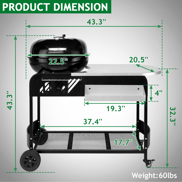 110*45*110cm Portable Charcoal Grill with Wheels and Sidetable, Large BBQ Smoker with Adjustable Vents on Lid for Outdoor Party Camping Picnic