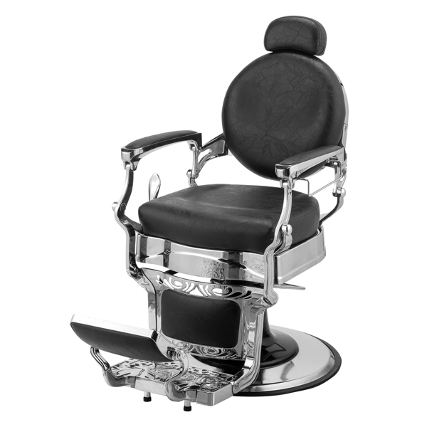 PVC leather, silver plated aluminum alloy frame, extra large pump disc with towel rack, square seat cushion without buttons, reclining hair salon chair 150kg silver