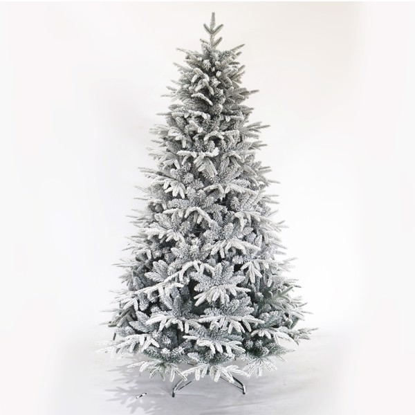 Snow Flocked Christmas Tree 7ft Artificial Hinged Pine Tree with White Realistic Tips Unlit ,1100 branch tips 