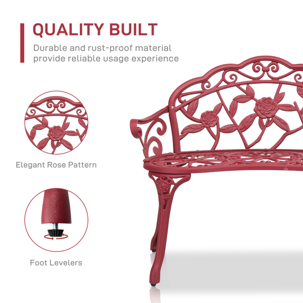 Outdoor Cast Aluminum Patio Bench, Porch Bench Chair with Curved Legs Rose Pattern, Red