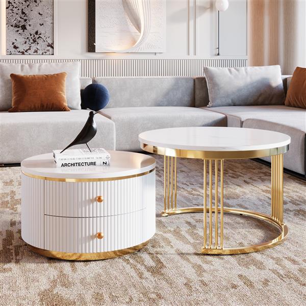 Modern 2 Pieces White Round Nesting  Coffee Table with Drawers in 27.6''