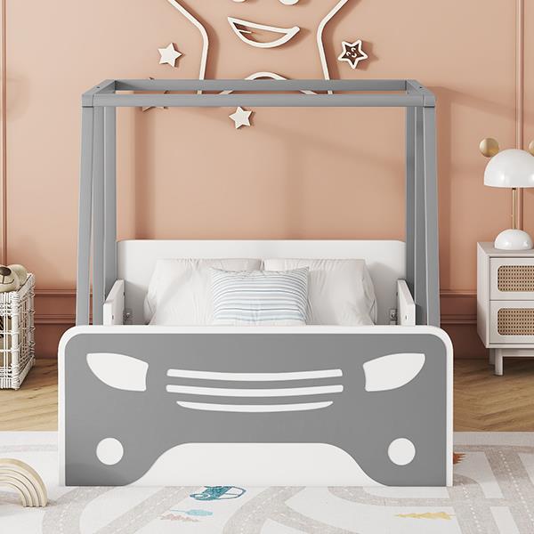 Twin Size Car-shaped Bed with Roof,Wooden Twin Floor Bed with wheels and door Design,Montessori Inspired Bedroom,Grey