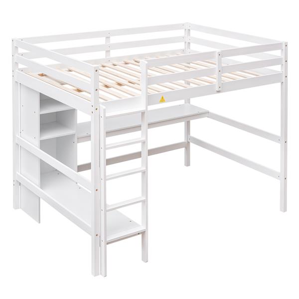 Full Size Loft Bed with Multifunction Shelves and Under-bed Desk, White