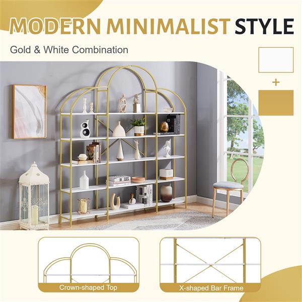 74.8 Inch 5 Tiers Office Bookcase Bookshelf, Display Shelf with Round Top, X Bar Gold Frame