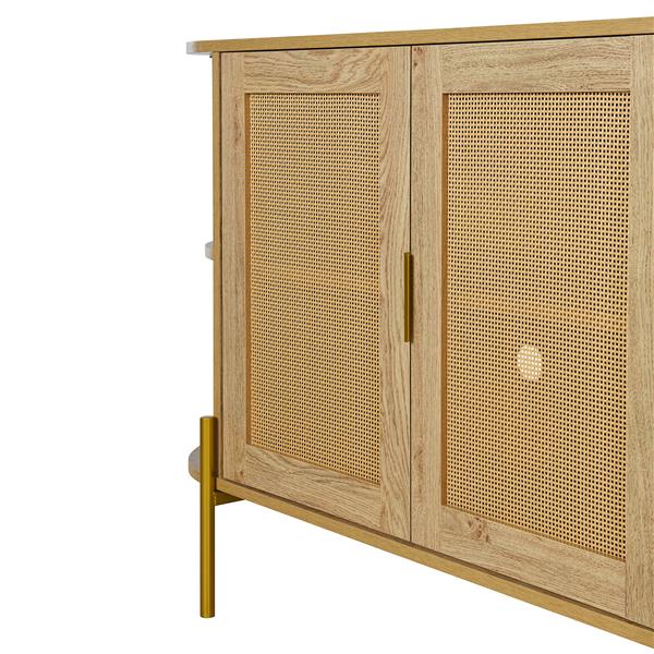 2-Door Elegant Curved Dining Cabinet with Gold Trim and Woven Rattan Doors for Dining Room (Natural)