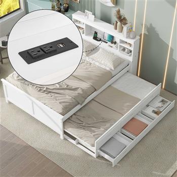 Full Size Platform Bed with Storage Headboard, USB, Twin Size Trundle and 3 Drawers, White