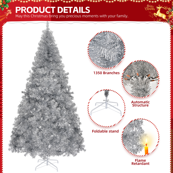 8 FT Artificial Christmas Tree, Unlit Hinged Christmas Pine Tree with 1350 Branch Tips and Sturdy Metal Stand, Silver