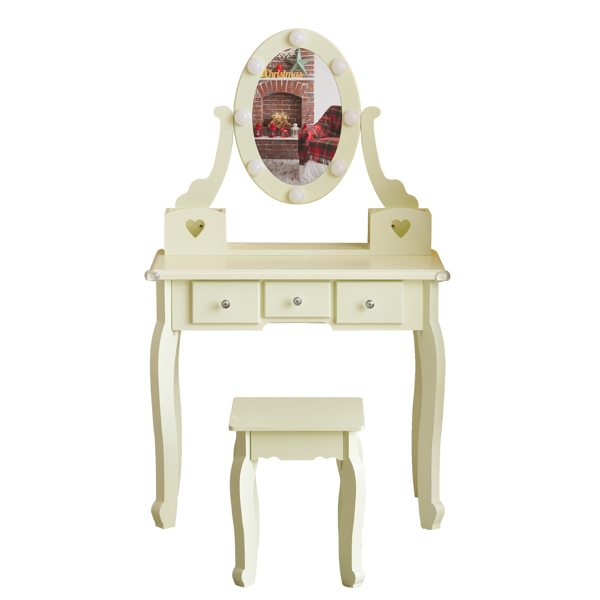 FCH Kids Vanity Set with Mirror and Lights and Stool, 5 Storage Drawers, Pretend Play Princess Makeup Desk Dressing Table and Stool Set for Little Girls Age 3+, Macaroon Yellow