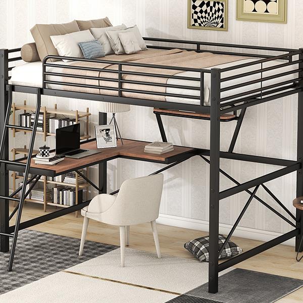 Full Size Loft Metal&MDF Bed with Desk and Shelf, Black