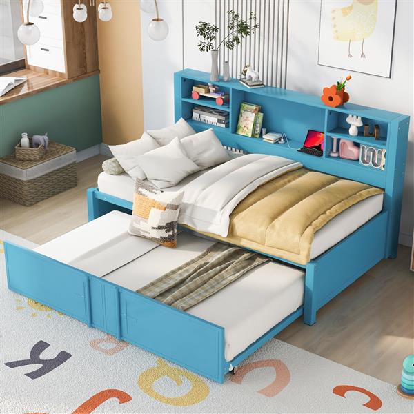 Metal Twin Size Daybed with Twin Size Trundle, Storage Shelves and USB Ports, Blue