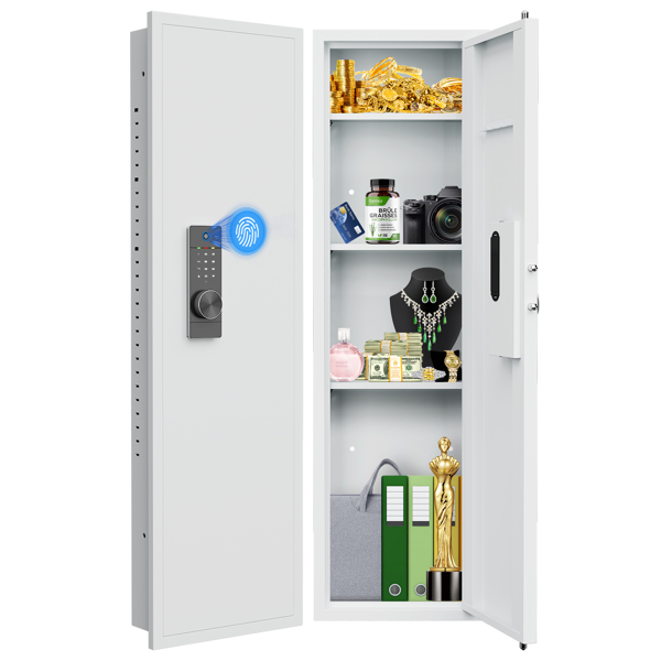 53" Fingerprint Touch Panel In-Wall Safe,Hidden Wall Gun Safe for Rifles with Adjustable Shelves,Assembled Storage Multifunctional Wall Safe for Firearm and Valuables (White-Fingerprint) 