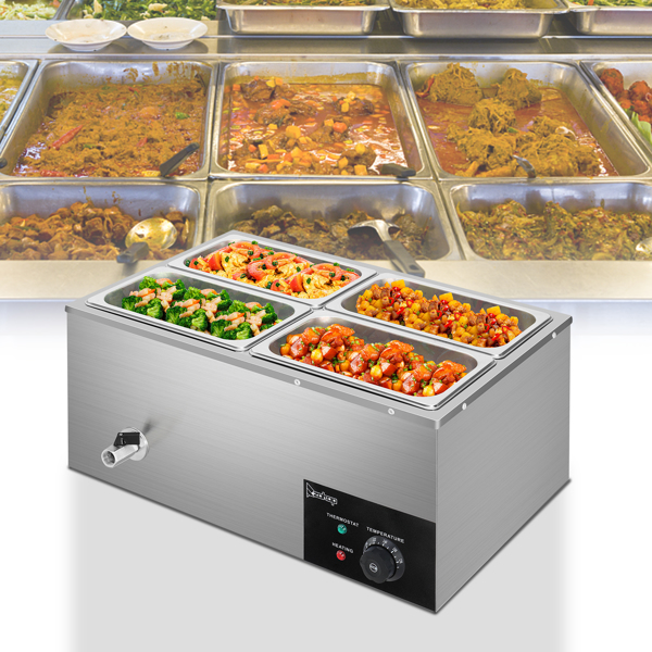 ZOKOP 110V 600W 5L*4 Stainless Steel Four Plates Heating Food Warming Soup Pool Silver