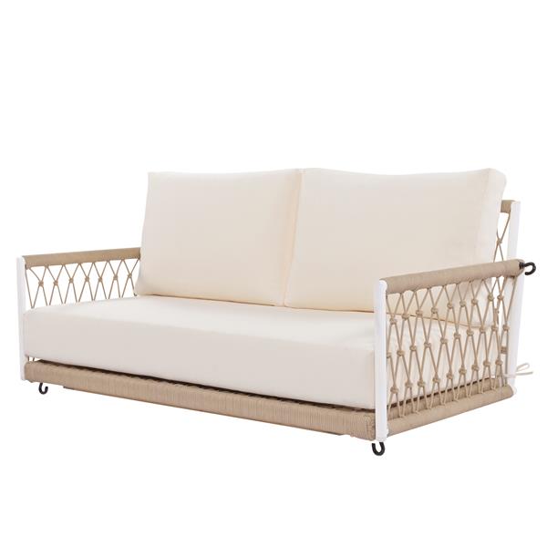 1-Piece Woven Rope Outdoor Swing Sofa with Soft Cushions Seating 2 for Patio, Courtyard and Balcony (Beige)