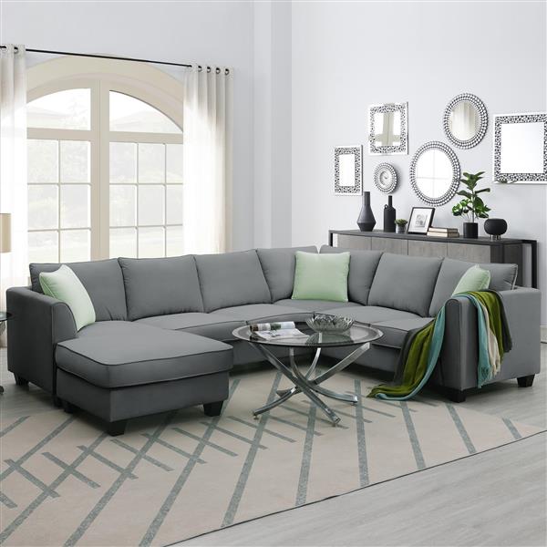 [VIDEO provided] 112*87" Sectional Sofa Couches Living Room Sets, 7 Seats Modular Sectional Sofa with Ottoman, L Shape Fabric Sofa Corner Couch Set with 3 Pillows, Grey