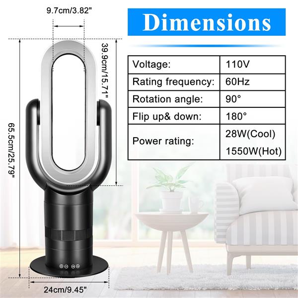 26-inch Space Heater Bladeless Tower Fan, Heater & Coolingn Combo, with Remote Control, for Home Air Conditioner, black