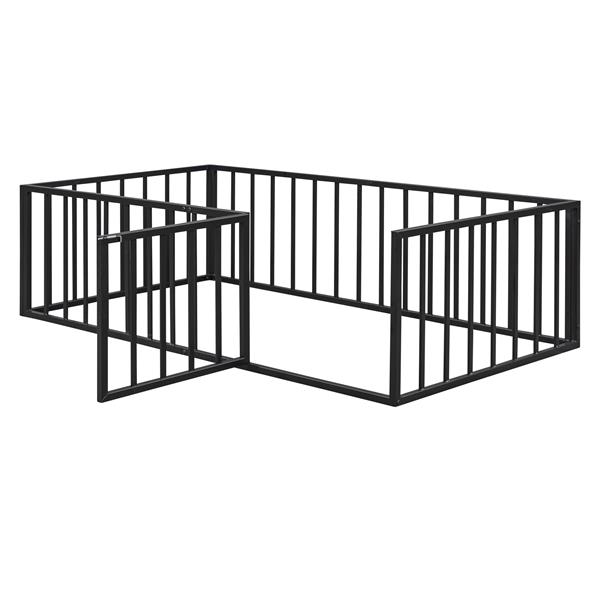 Twin Size Metal Floor Bed Frame with Fence and Door, Black