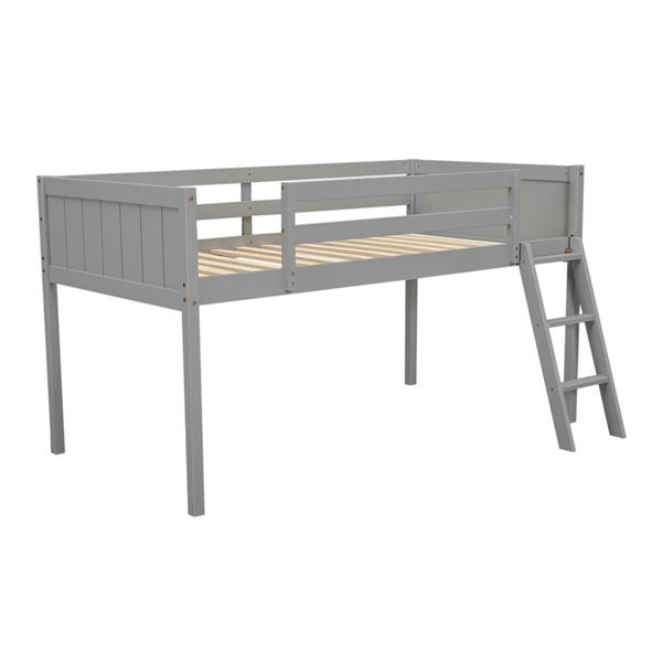 Twin Size Wood Low Loft Bed with Ladder, ladder can be placed on the left or right, Gray