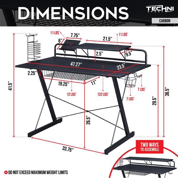 Carbon Computer Gaming Desk with Shelving, Black